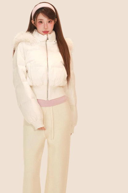 スノーベルベットフェザーフーデッドダウンジャケット