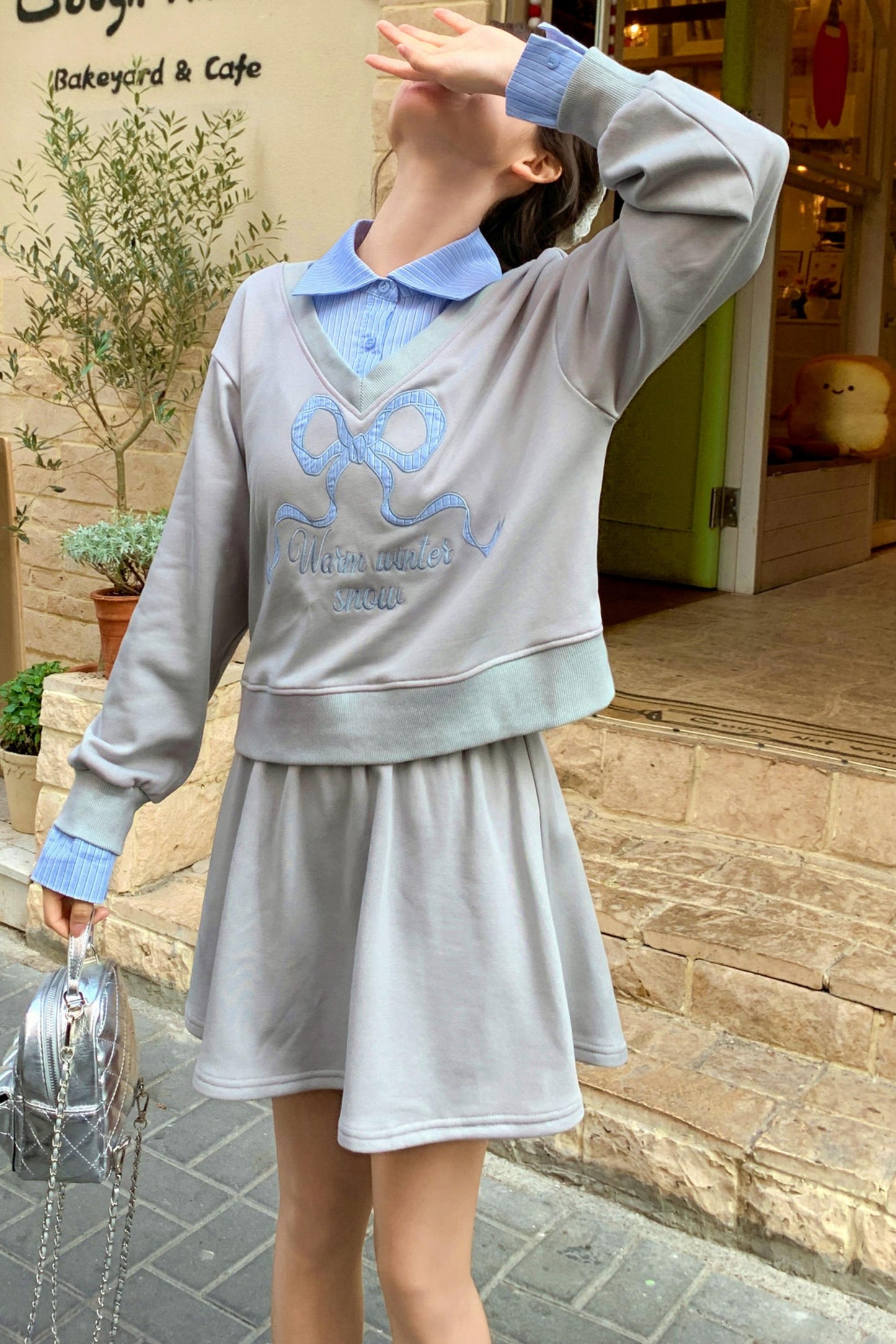 Ribbon Sweatshirt Top + Skirt