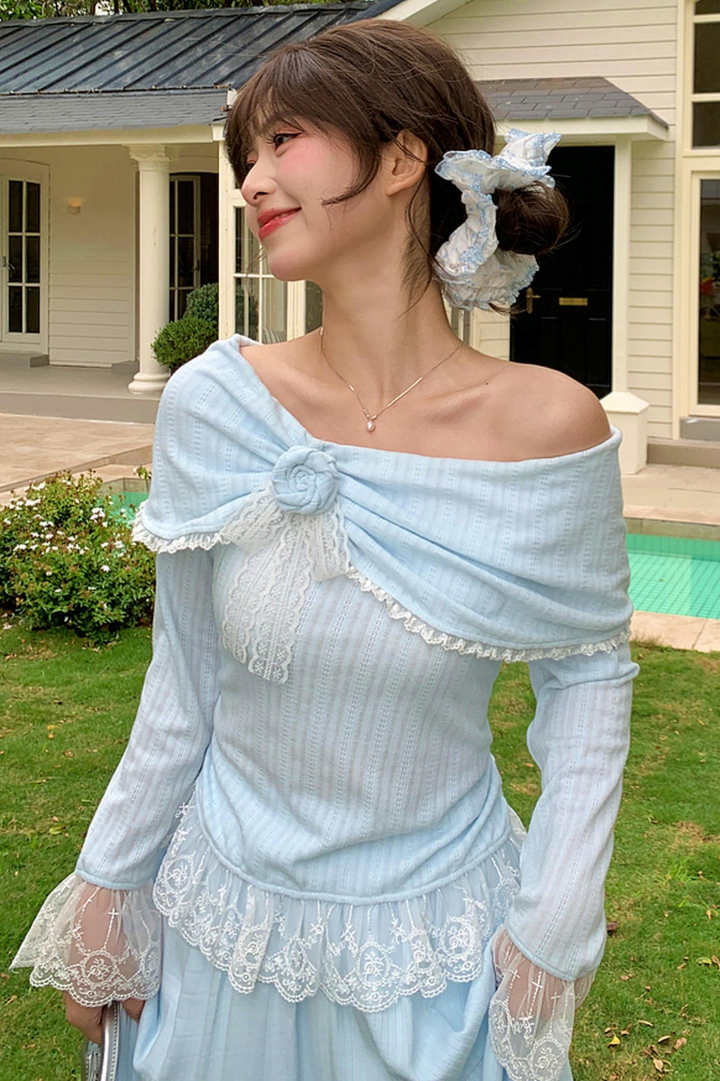 レースパッチワークオフショルダートップス+ロングスカート