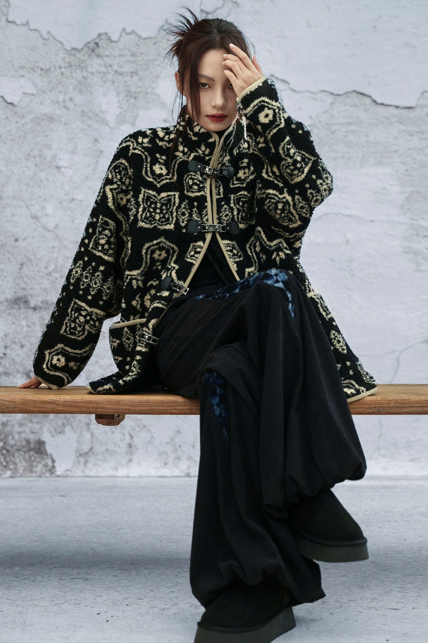 モードジャカードスタンドアップカラーコート