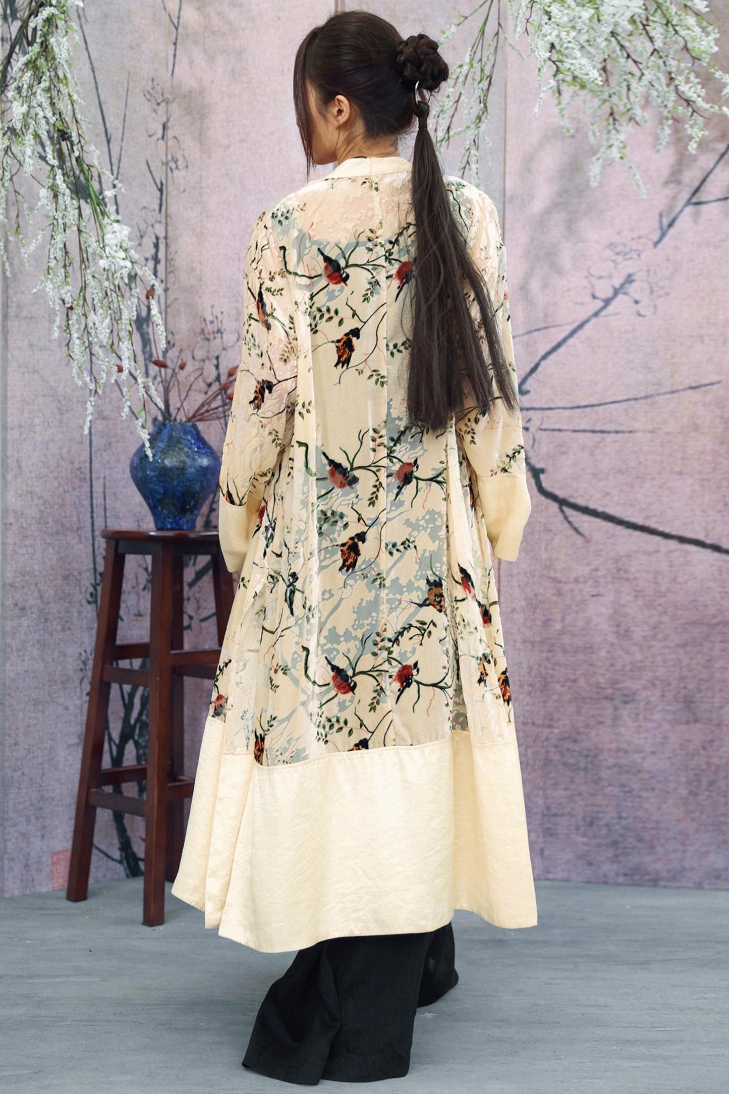 Floral Print Sheer Satin Chinese-Style Long Cardigan