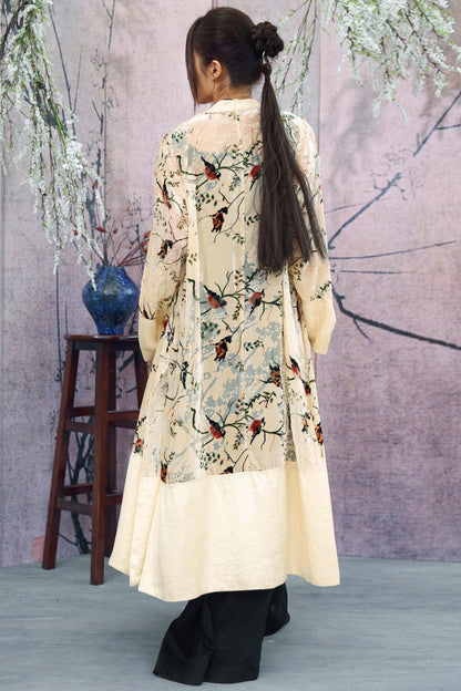 Floral Print Sheer Satin Chinese-Style Long Cardigan