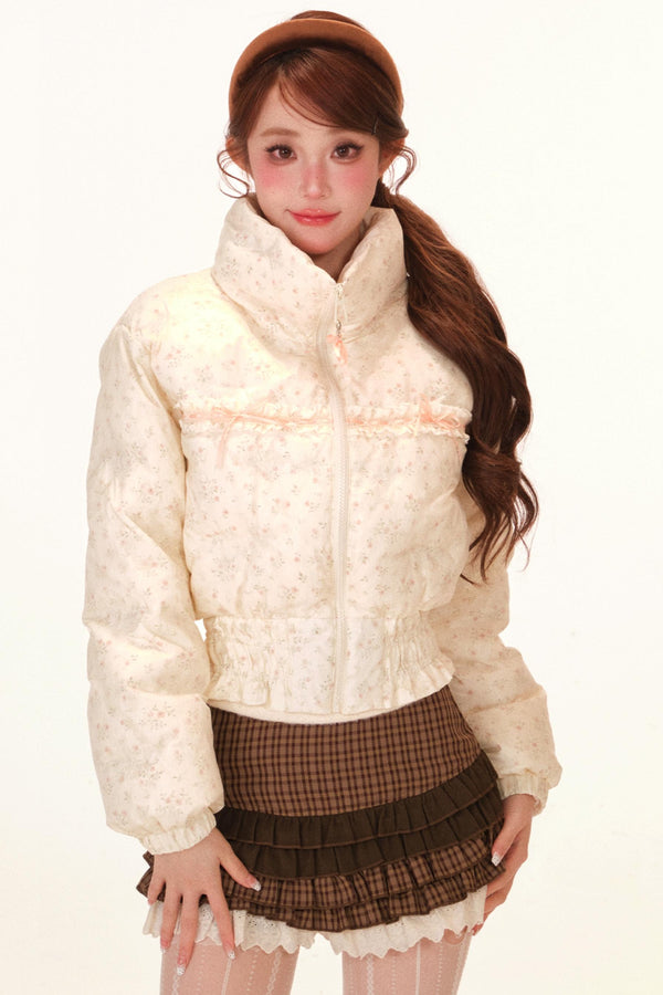 Sweet Lace Floral Down Jacket + Skirt