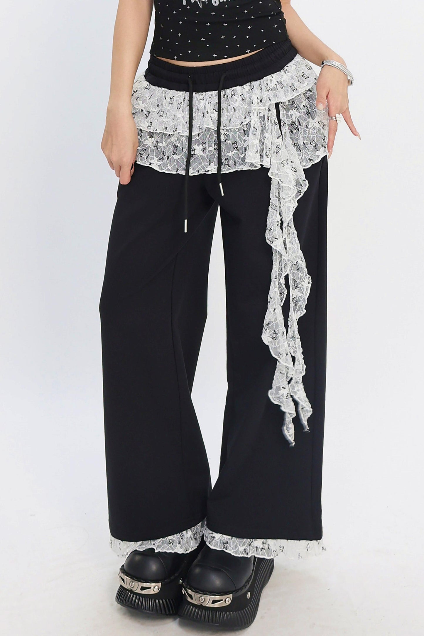 Lace Layered Wide-Leg Pants