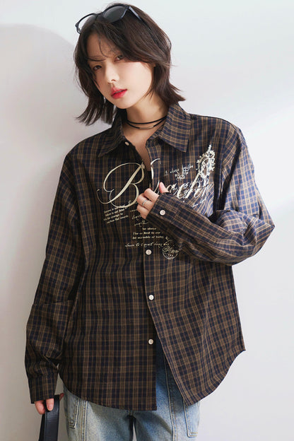 Oversized letter-print check shirt