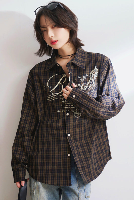 Oversized letter-print check shirt