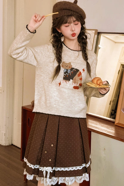 キャットジャカードカラーブロックセーター