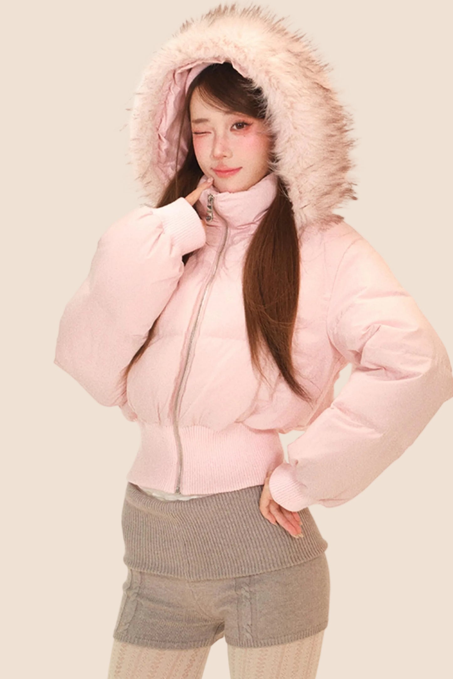 スノーベルベットフェザーフーデッドダウンジャケット