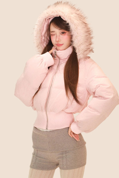 スノーベルベットフェザーフーデッドダウンジャケット