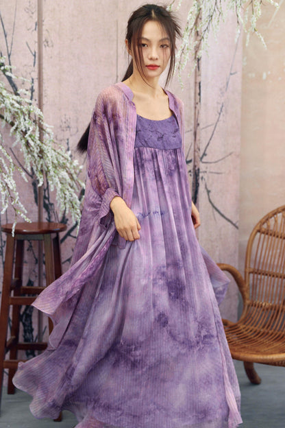 Lila Farbverlauf-Strickjacke mit transparentem Rücken und langem Chiffonhemd-Design