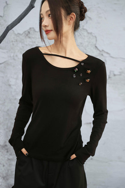 クリスタルボタンベルベットニットトップス