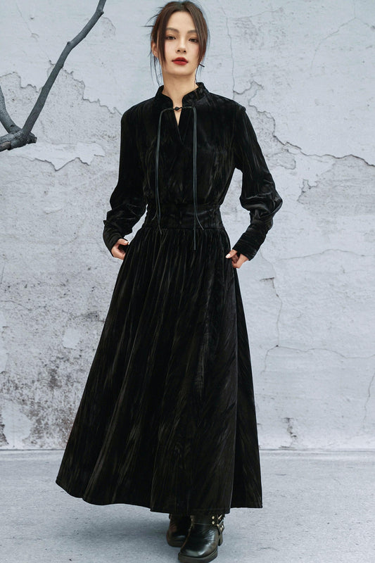 スタンドカラーべルベットドレス