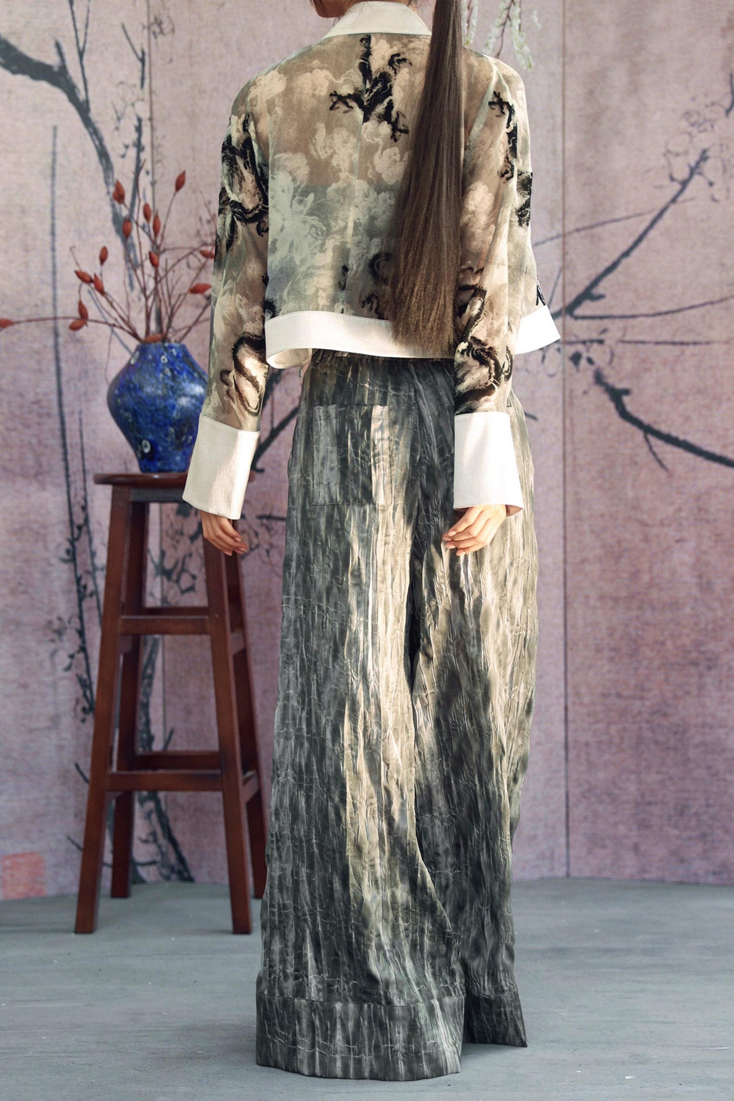 Gray Gradient Crinkled Wide Pants