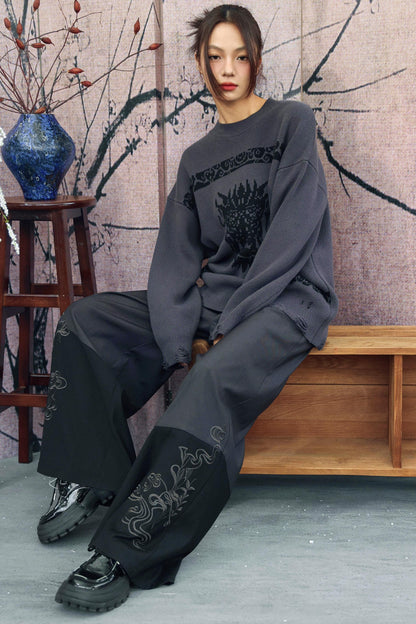 Gray x Black Embroidered High-Waist Wide-Leg Pants