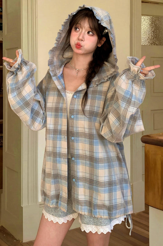 플래드 면 후드 셔츠