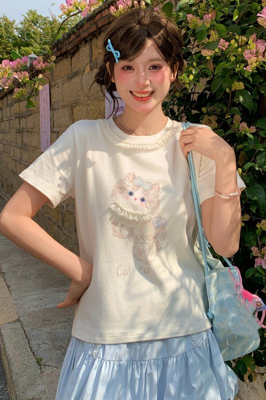 고양이 프린트 여름 탑