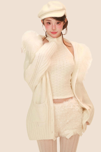 Halter Neck Fuzzy Knit Jacket + Top + Pants