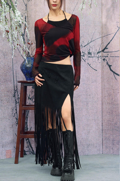Retro Suede Fringe Skirt
