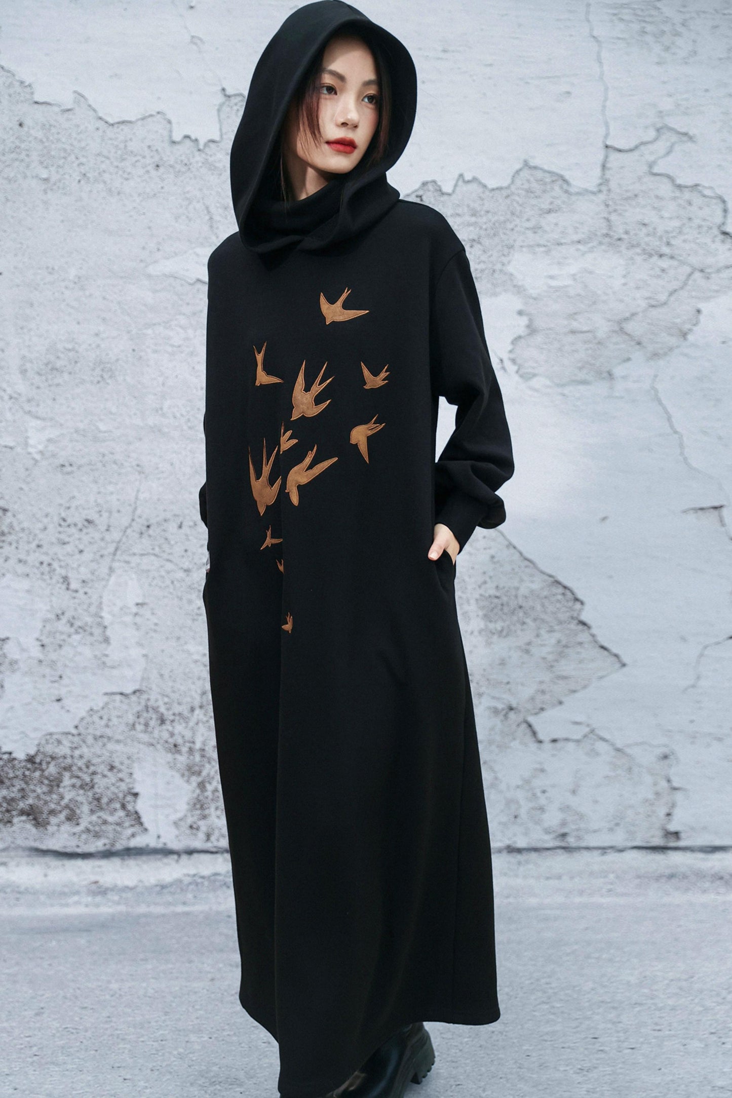 チャイニーズフリースラインフーデッドドレス