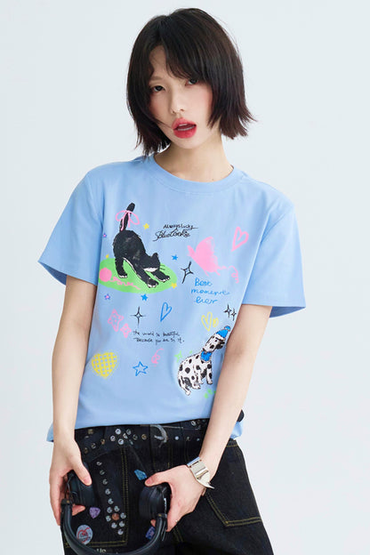 Cropped Graffiti Print Tee Shirt