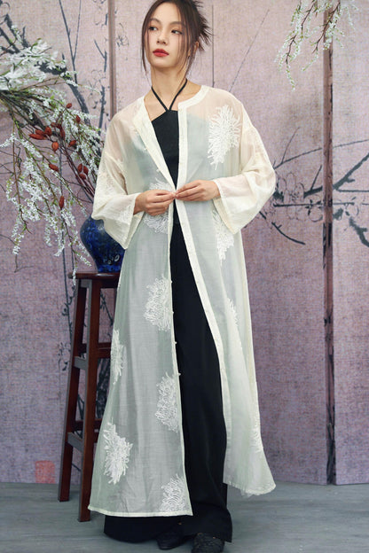White Sheer Floral Embroidered Band-Collar Shirt Dress