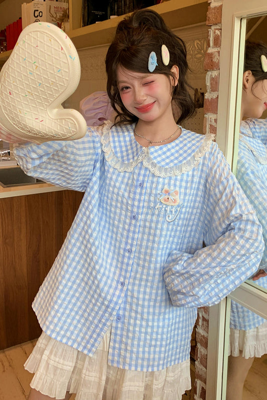 Katzen-Karo-Puppenkragen-Bluse