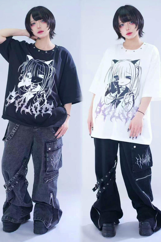 猫グリッタープリントTシャツ