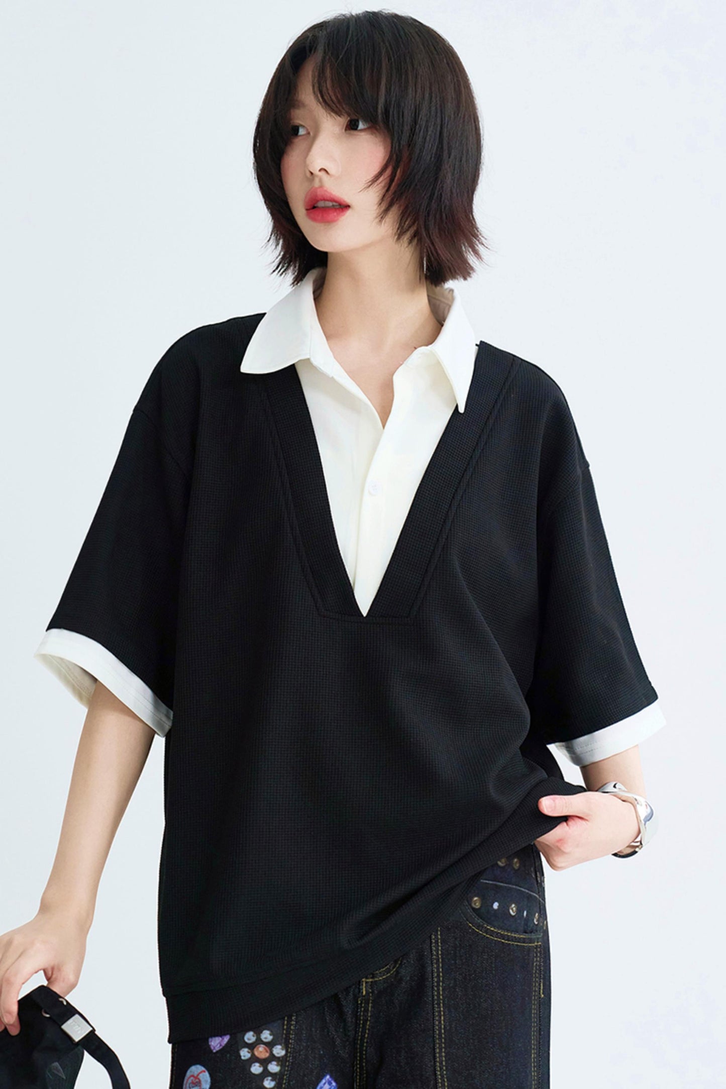 Relaxed Fit Shirt Collar Tee Shirt