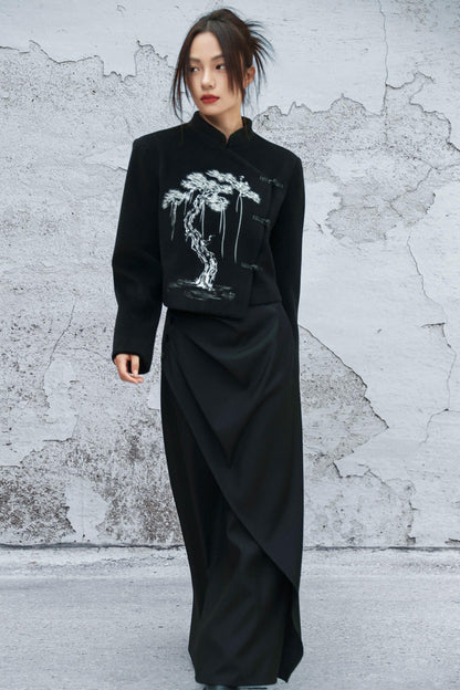 ブラックエンブロイダードウールンコート