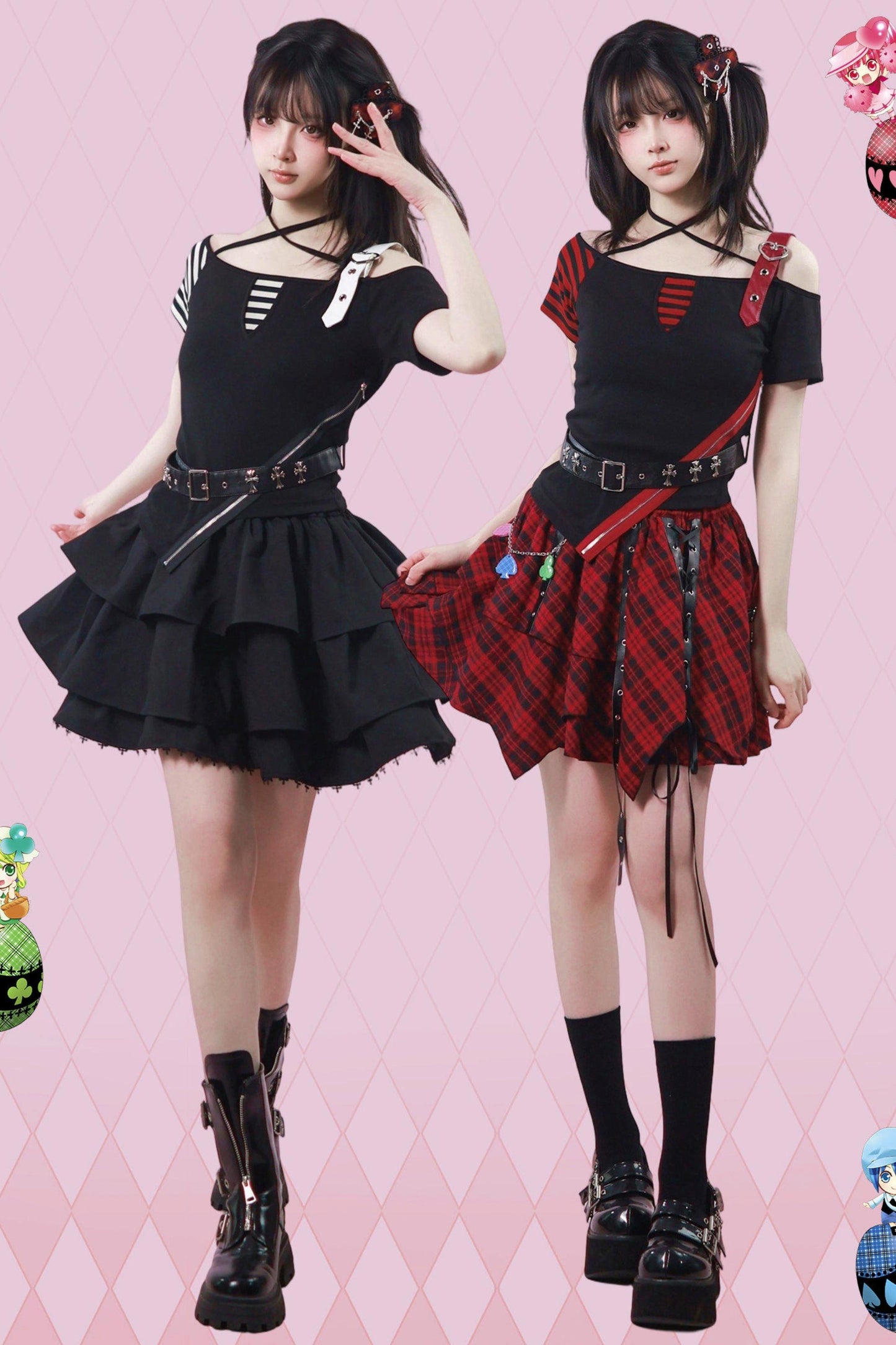 Heart Belt Off-Shoulder Punk Jirai Kei T-Shirt