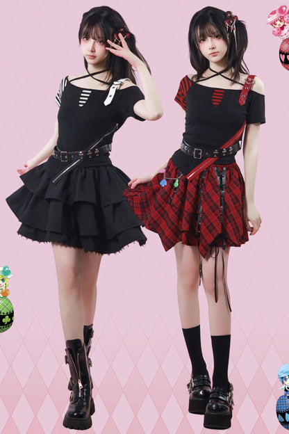 Heart Belt Off-Shoulder Punk Jirai Kei T-Shirt