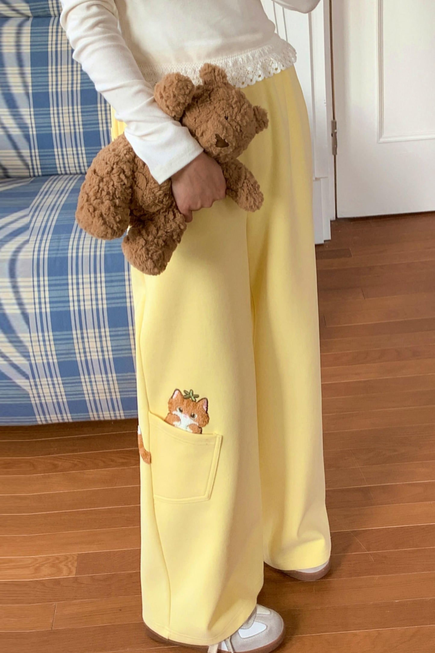 Orange Cat Embroidered Sweatpants