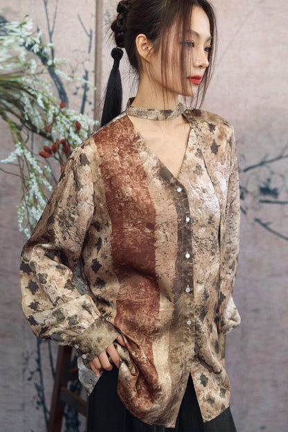 Retro Art Print Satin Choker Blouse