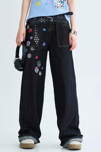 Retro Print Straight Leg Denim Pants