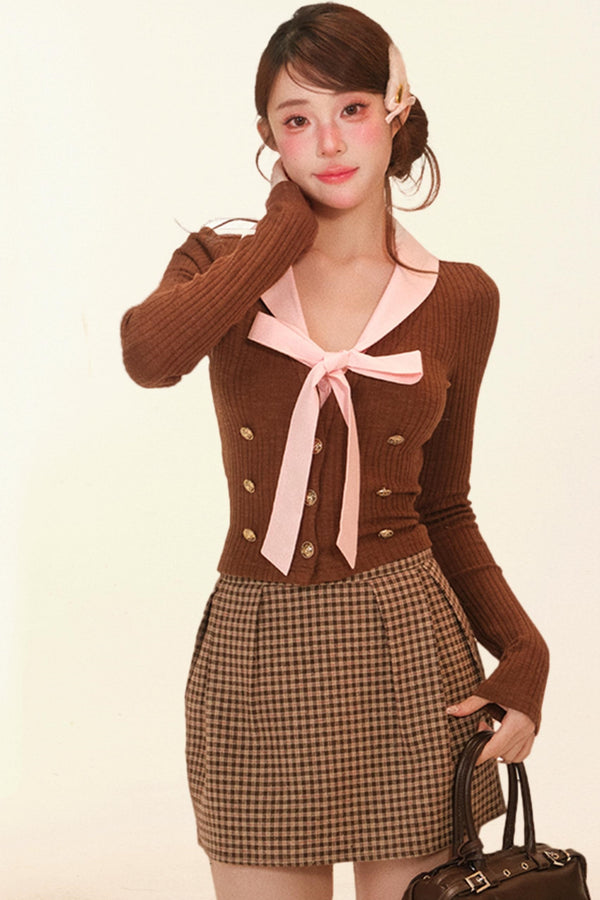 Cream Caramel Plaid Winter Coat + Top + Skirt