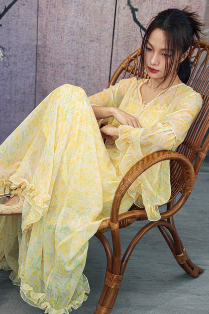 Vestido de gasa amarillo con flores