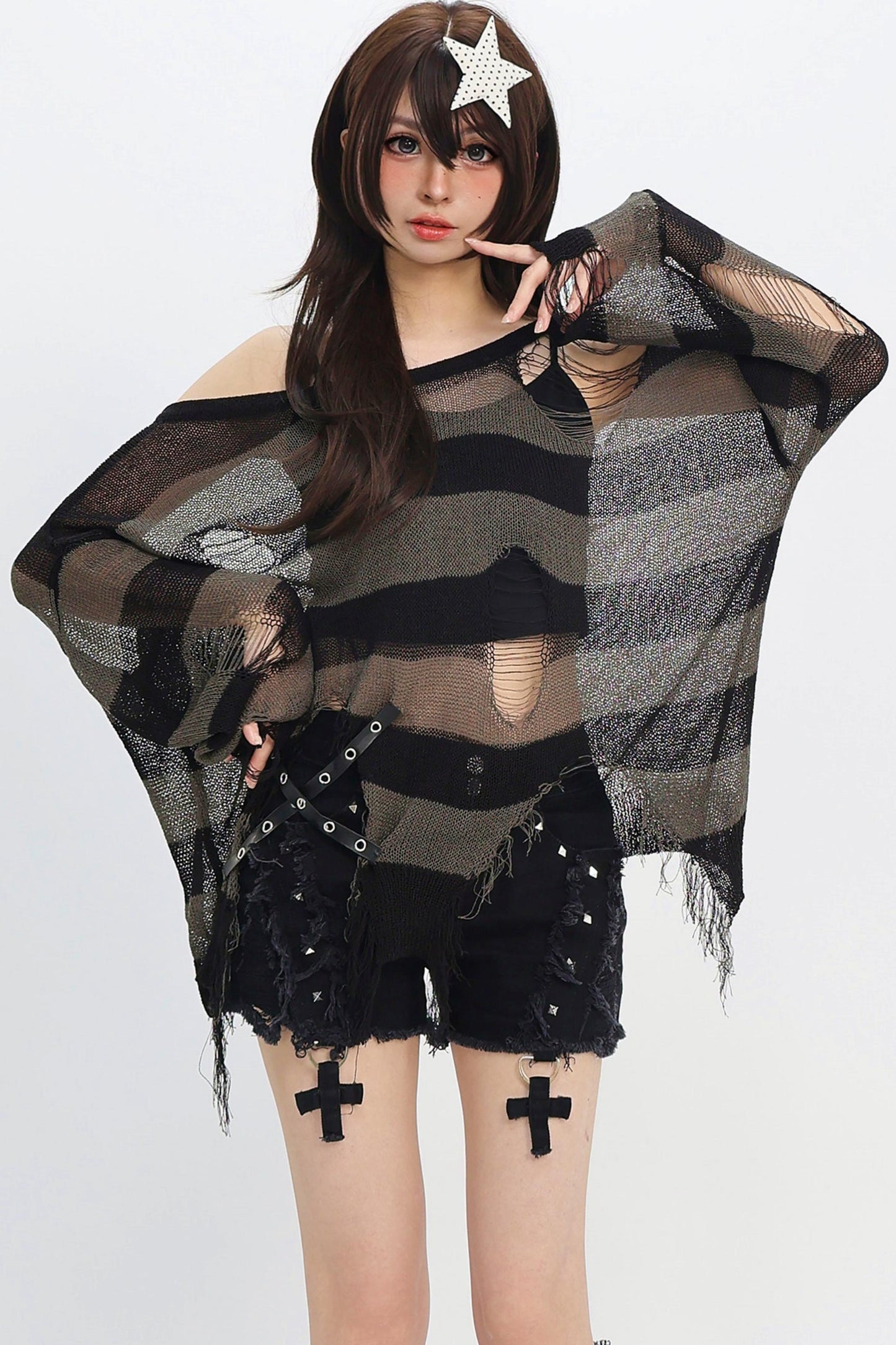 Striped Distressed Mesh Knit