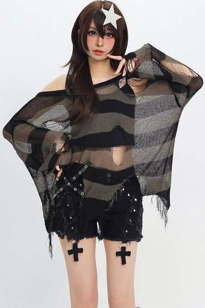 Striped Distressed Mesh Knit