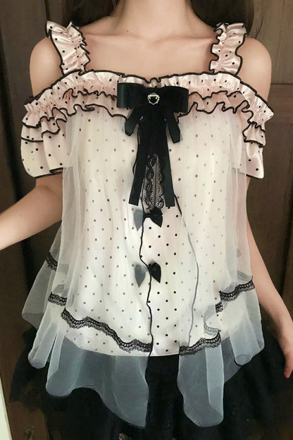 ポルカドットオフショルダートップス+スカート
