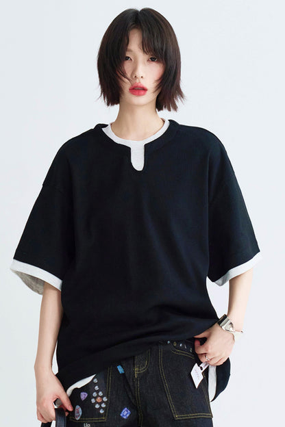Loose contrast crew neck layered top