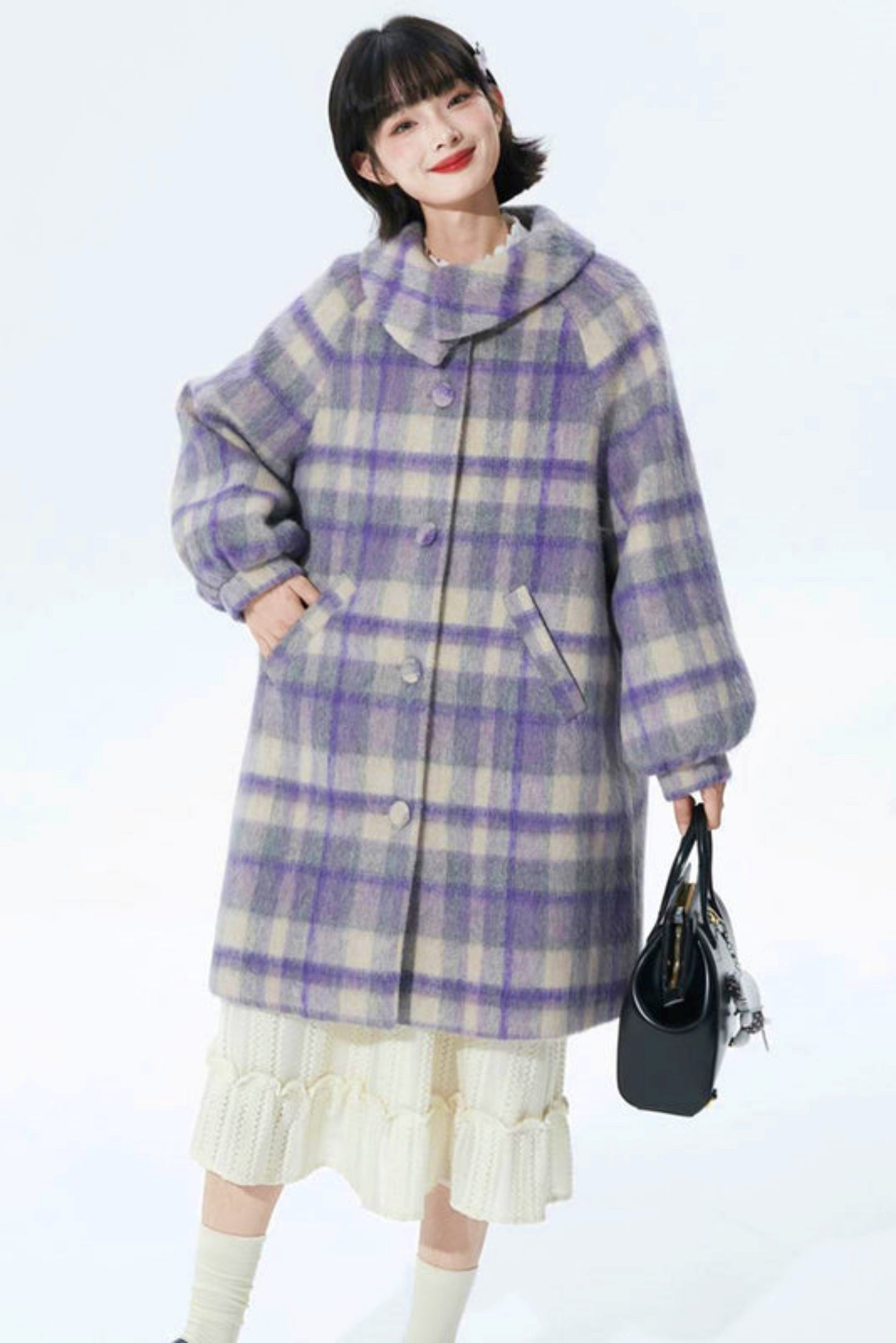 Purple Plaid Woolen Coat