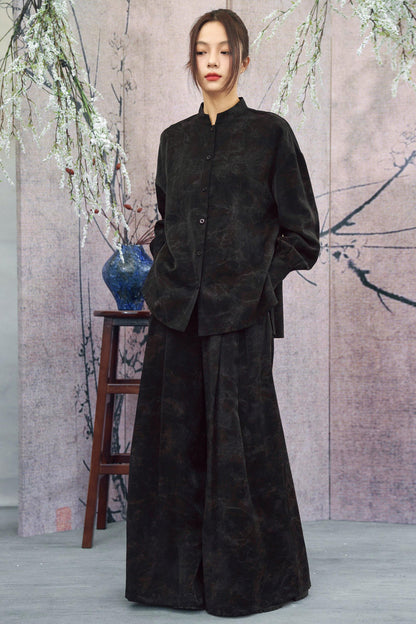 Camicia con colletto alla coreana sfumata nero scuro + pantaloni