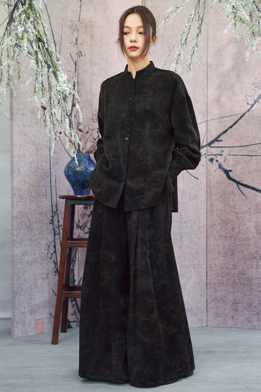 Black Dark Gradient Stand Collar Shirt + Pants