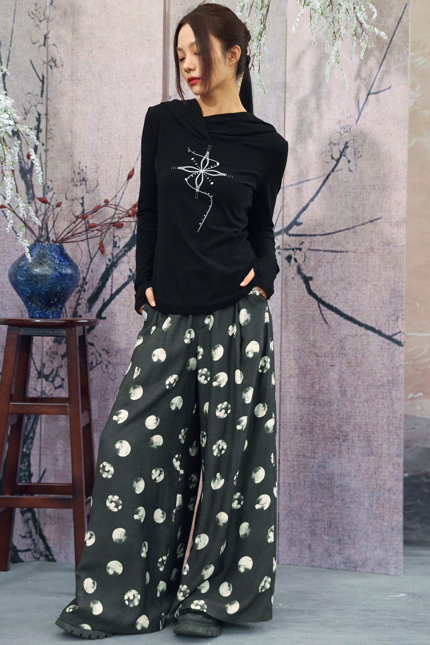 ポルカドットワイドレッグパンツ