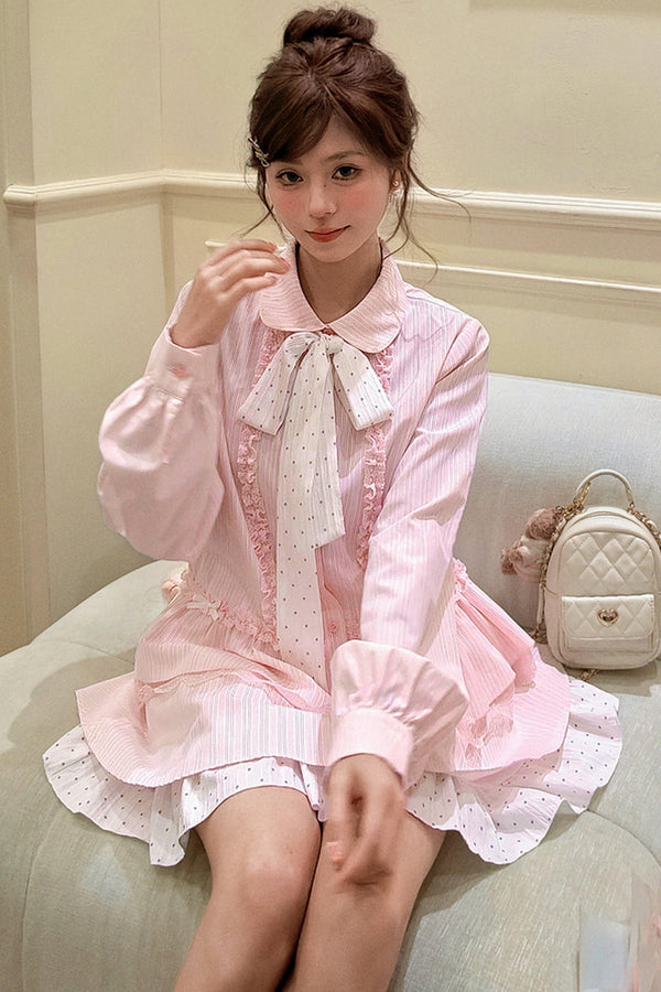 レースパッチワークドールカラーブラウス+スカート