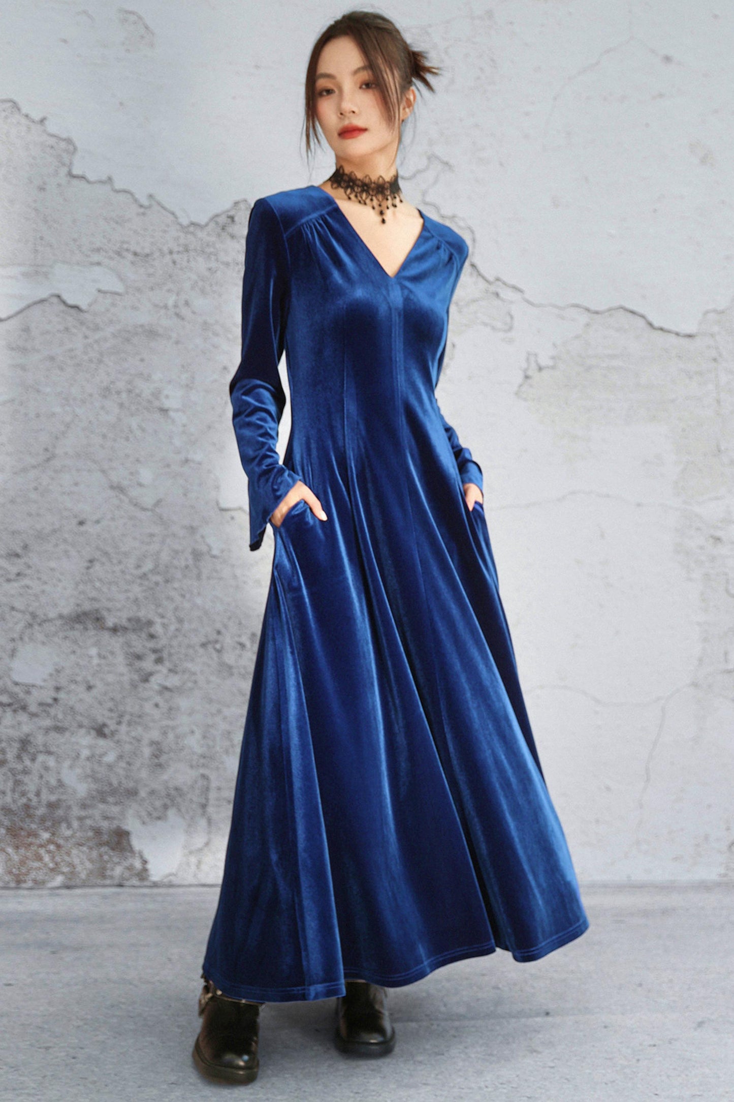 スカイダークフレアレトロロングドレス