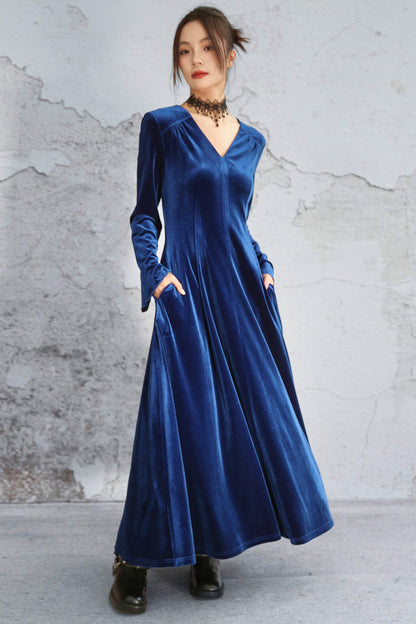 スカイダークフレアレトロロングドレス