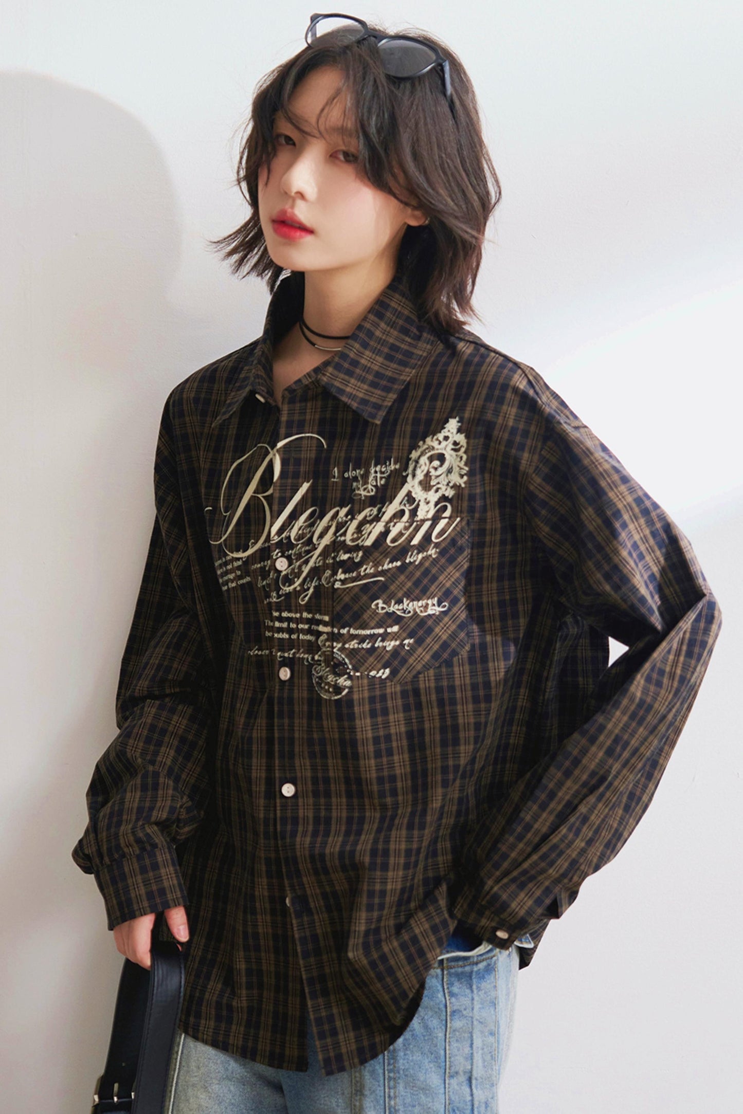 Oversized letter-print check shirt