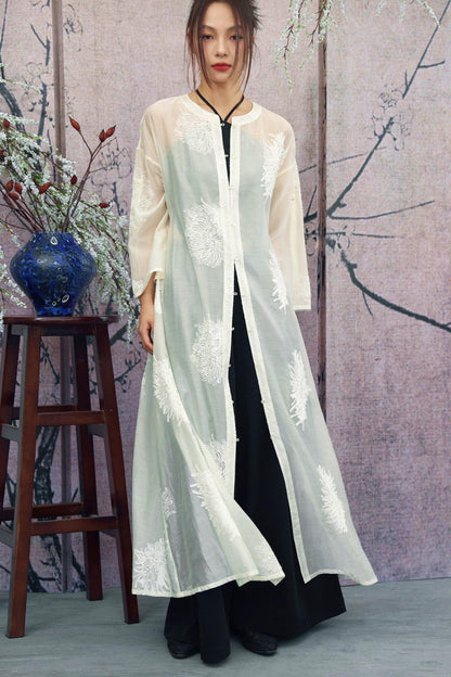 White Sheer Floral Embroidered Band-Collar Shirt Dress
