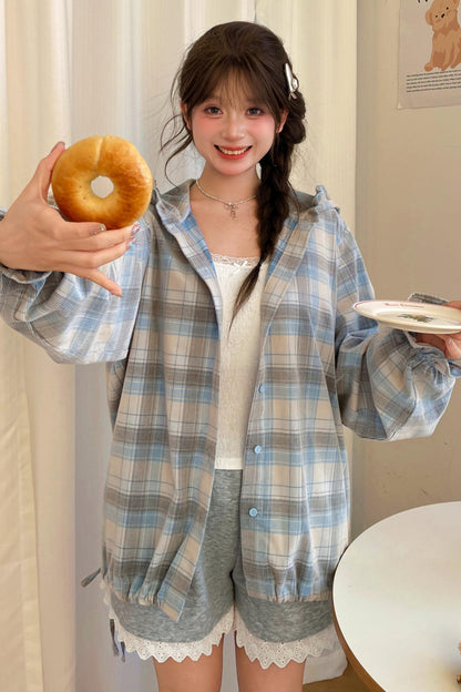 플래드 면 후드 셔츠